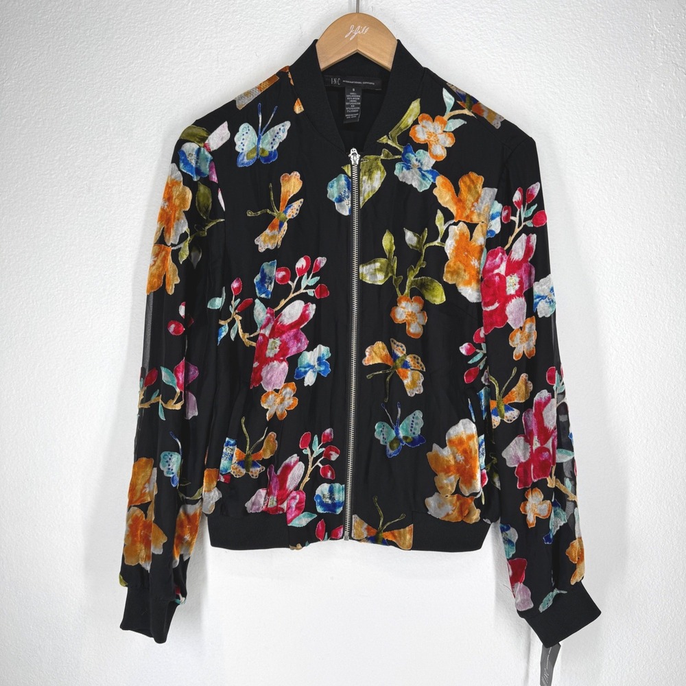 Women Sheer Floral Burnout Velvet Bomber Jacket Small Butterfly Fairy Boho Indie